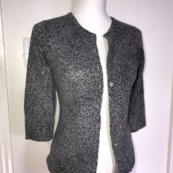 Aqua Gray Black Leopard Print Cashmere Cardigan - Picture 1 of 4